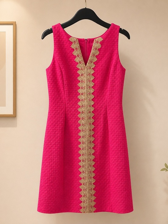 Pappagallo Dresses & Skirts - Pappagallo Fuchsia Shift Dress with Gold Lace Trim